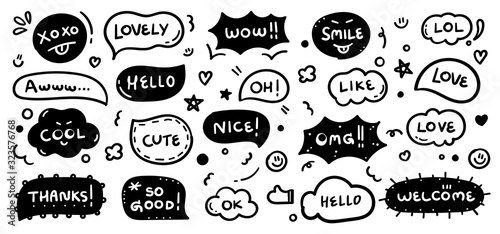 Hand drawn set of speech bubbles with dialog words:yes, hello, no, love you, ok, Vector illustration.