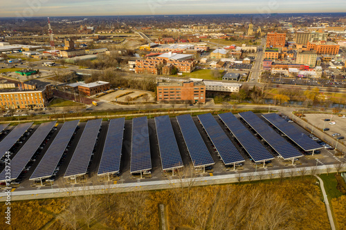 Aerial drone photo solar power panels parking lot Toledo Ohio photo