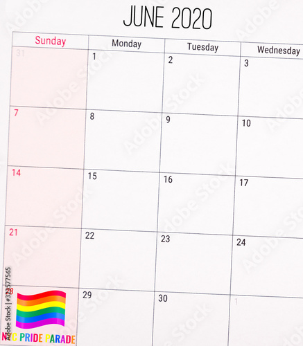 New york city pride parade text and flag on june 2020 montly calendar planner. To illustrate the day the pride festival and celebration parade starts in the US.