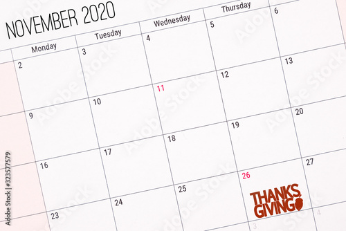 November 2020 calendar with thanksgiving text on th 26th of november. Celebration and anniversary concept.