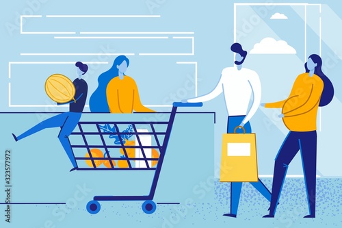 Pregnant Woman and Man with Trolley Full of Grocery Goods and Boy Sitting inside Stand at Counter Desk Paying for Products Purchases. Family with Little Son Shopping. Cartoon Flat Vector Illustration