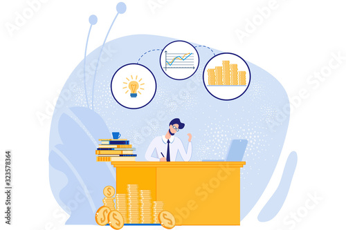 Office Worker Sitting at Table and Count Money Flat Cartoon Vector Illustration. Finance Concept. Man Generating Idea, Analysing Graphs and Counting Coins. Book Piles and laptop on Desk.