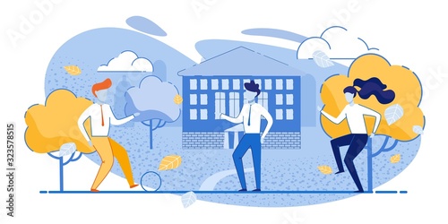 Happy Children Playing Ball in School Yard Cartoon. Joyful Schoolboys and Schoolgirl in Uniform Having Fun on Break after Lessons. Soccer Game. Childhood and Recreation. Vector Flat illustration