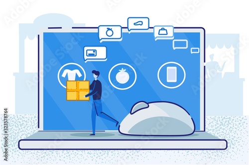 Character Shopping Using Online Application on Huge Monitor. Man Carry Box at Laptop with Purchases Icons on Screen. E-commerce Sales, Digital Consumerism, Marketing. Cartoon Flat Vector Illustration