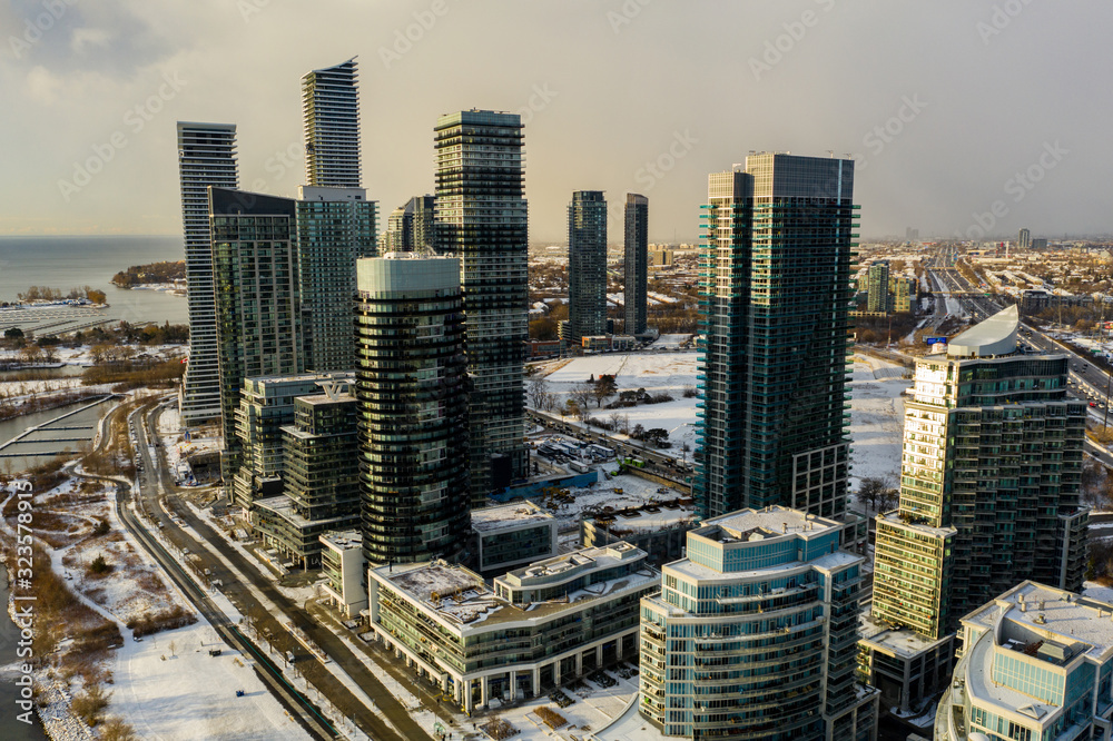 Aerial drone photo Humber Bay Toronto Canada modern highrise architecture Aerial drone photo Humber Bay Toronto Canada modern highrise architecture