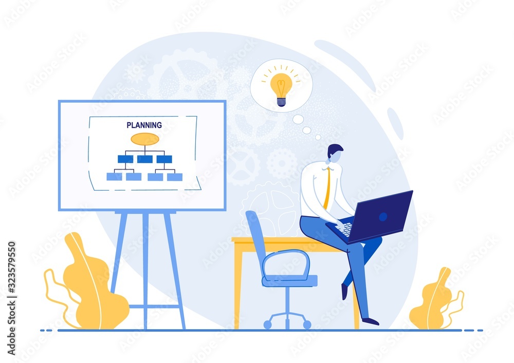 Prompt Flyer, Inscription Flipchart Planning. Office Employee Keeps Track his Time. Guy in Suit Sits on Table and Works at Laptop, from above an Incandescent Light Bulb. Vector Illustration. Prompt Flyer, Inscription Flipchart Planning. Office Employee Keeps Track his Time. Guy in Suit Sits on Table and Works at Laptop, from above an Incandescent Light Bulb. Vector Illustration.