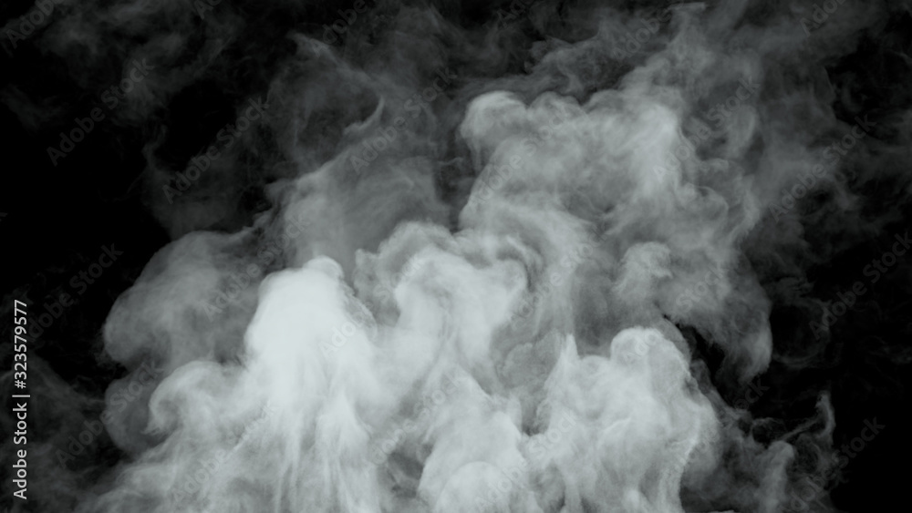 White water vapor steam on a black background. Realistic dry smoke clouds  fog overlay. Simply drop it in and change its blending mode to screen or  add. Stock Illustration | Adobe Stock