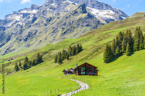 Crossing the Alps. Hiking trail in the Alps. Murren. Switzerland.