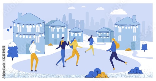 Couple and Friends on Ice Rink Flat Cartoon Vector Illustration. Winter Sport in City Center. Ice Skating near Decorated Houses. Man and Woman Skaters with Warm Scarfs. Winter Season Hobby.