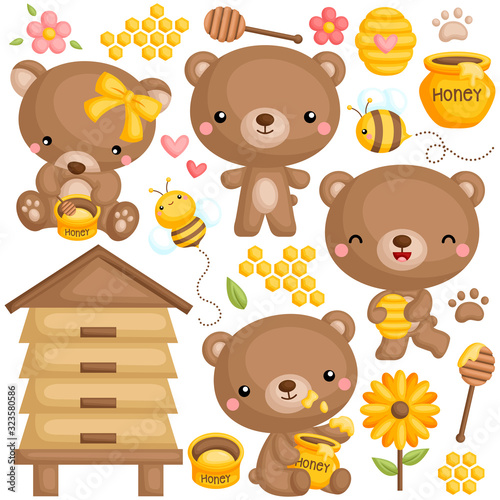 A Vector Set of Cute Honey Bear Collecting and Eating Sweet Honey