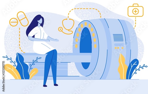 Woman in Uniform Sitting on MRI Equipment Flat Cartoon Vector Illustration. Magnetic Resonance Imaging Technology. Doctor Specialized on Tomography. Pills , Stethoscope, First Aid Kit Icons.