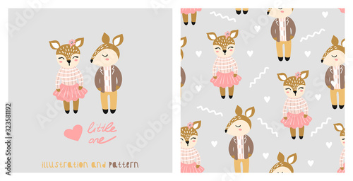 Illustration and seamless pattern with cute chipmunk.