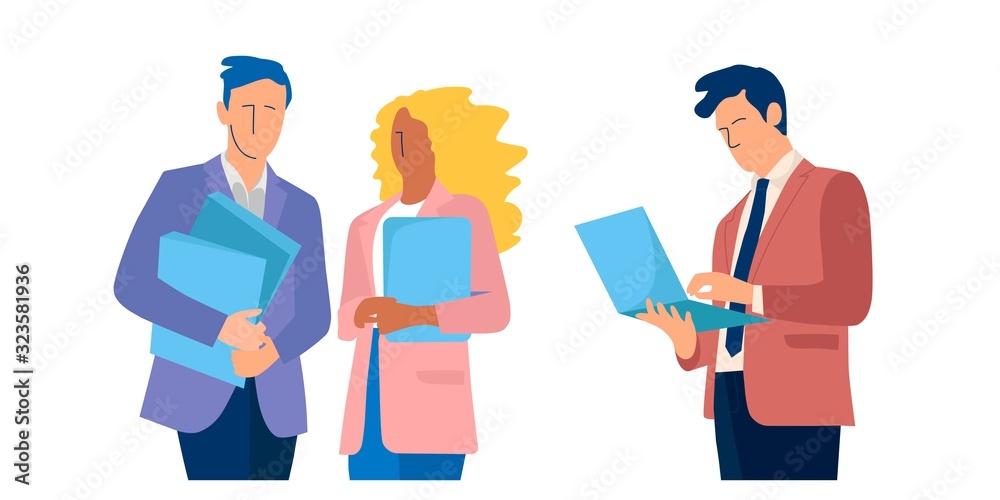 Business people with folders. Man using laptop. Business concept vector illustration in flat cartoon style.