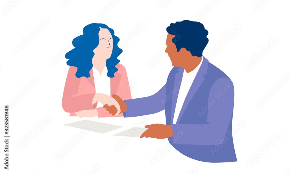 Man and woman shaking hands. Business concept vector illustration in flat cartoon style. Man and woman shaking hands. Business concept vector illustration in flat cartoon style.