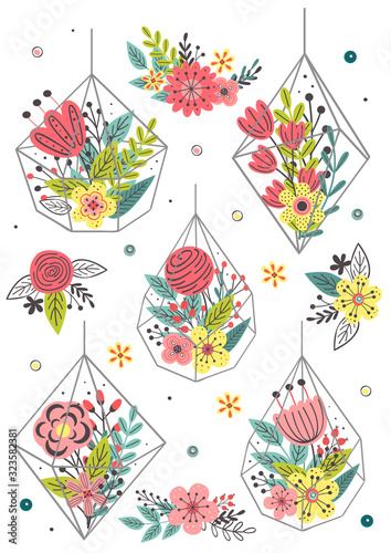 set of isolated spring floral bouquets in terrariums - vector illustration, eps    