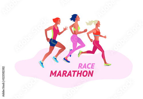 Running multinational people in bright sportswear. Men and women running marathon outdoor.Sports competition, workout or exercise, athletics. Active lifestyle. Colorful vector illustration.