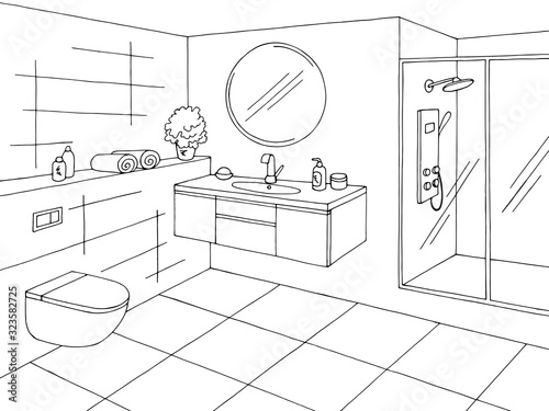 Bathroom graphic home interior black white sketch illustration vector