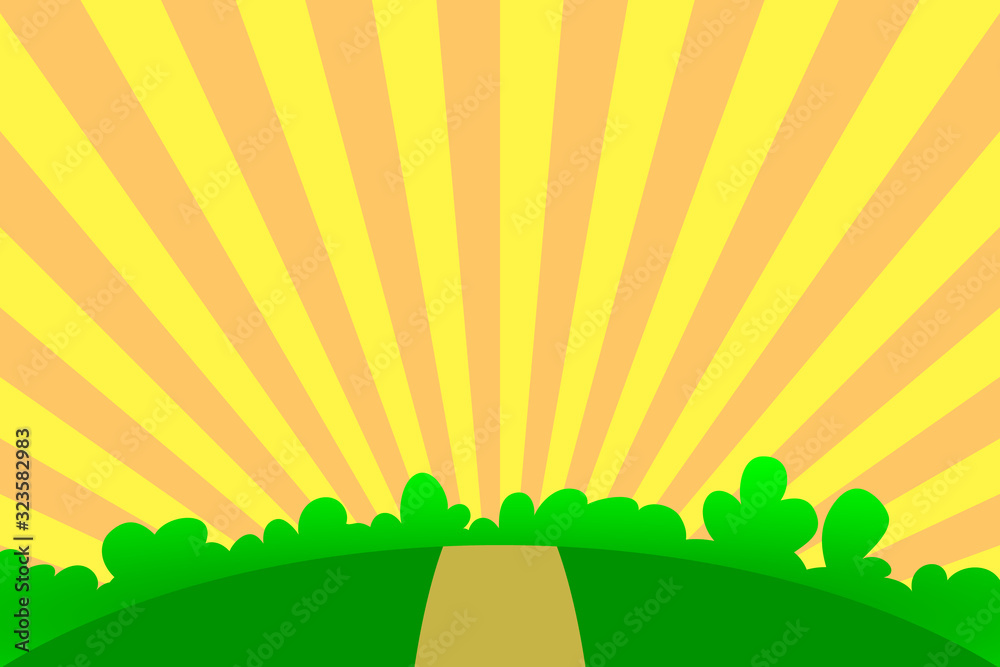 Nature landscape with road, sun, tree. Summer background for design. Vector stock illustration