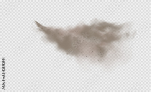 Dust cloud, sand storm, powder spray on transparent background. Desert wind with cloud of dust and sand. Realistic vector illustration.