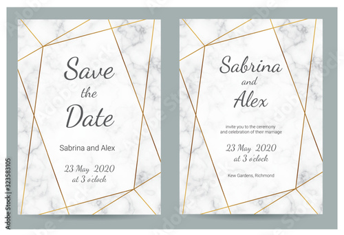 Marble wedding invitation. Set with invitation and Save the date card on white marble background. Wedding set.