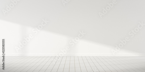 Mock-up of white empty room and wood laminate floor with sun light cast the shadow on the wall,Perspective of minimal interior design. 3D rendering