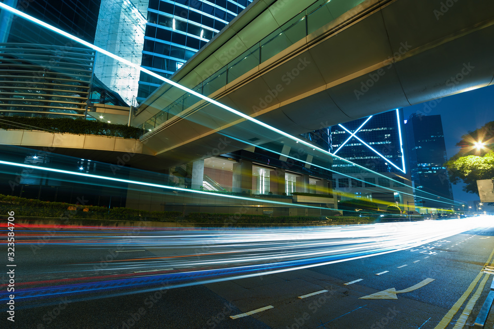 traffic in central district of Hong Kong city at night