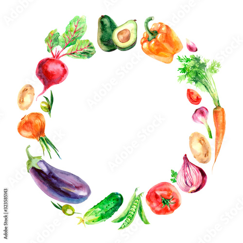 round frame of fresh vegetables watercolor illustration