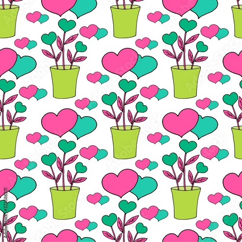 Valentine's day seamless pattern with coffee cup and hearts. Beautiful greeting card with valentines day seamless pattern. Red heart valentine love logo vector. Holiday background.Vector illustration