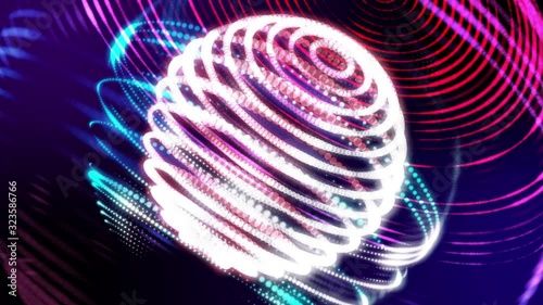 3D neon light globe orbit spinning in circle, digital smart world future technology science wide screen web banner backgrounds.