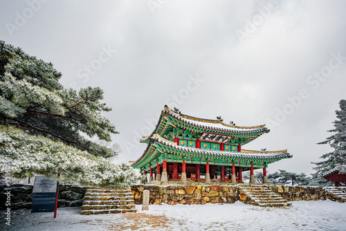 Gwangju, South Korea - FEB 16 2020:  Namhansanseong is a historic mountain Fortress City near Seoul, South Korea.  It was used as an emergency Capital City during the Joseon Dynasty.