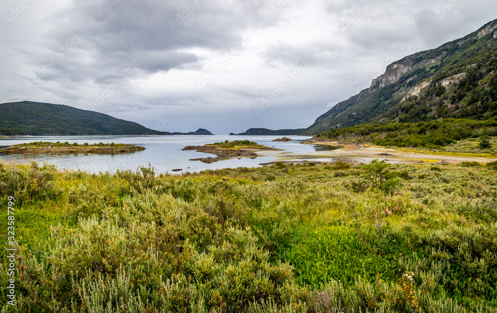 Beautiful scenery around Lago Roco lake and Rio Lapataia river in Tierra Del Fuego national park, Argentina.