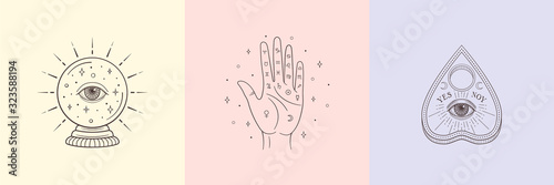 Types of Divination: palmistry, crystal ball, ouija planchette. Witch and magic symbols, monochrome vector illustration, isolated on white background