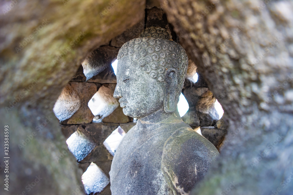 Obraz premium A close up Buddha statue inside a stupa in Borobudur Temple, Magelang, Central Java, Indonesia. Borobudur Temple will be the location to celebrate Vesak Day in Indonesia.