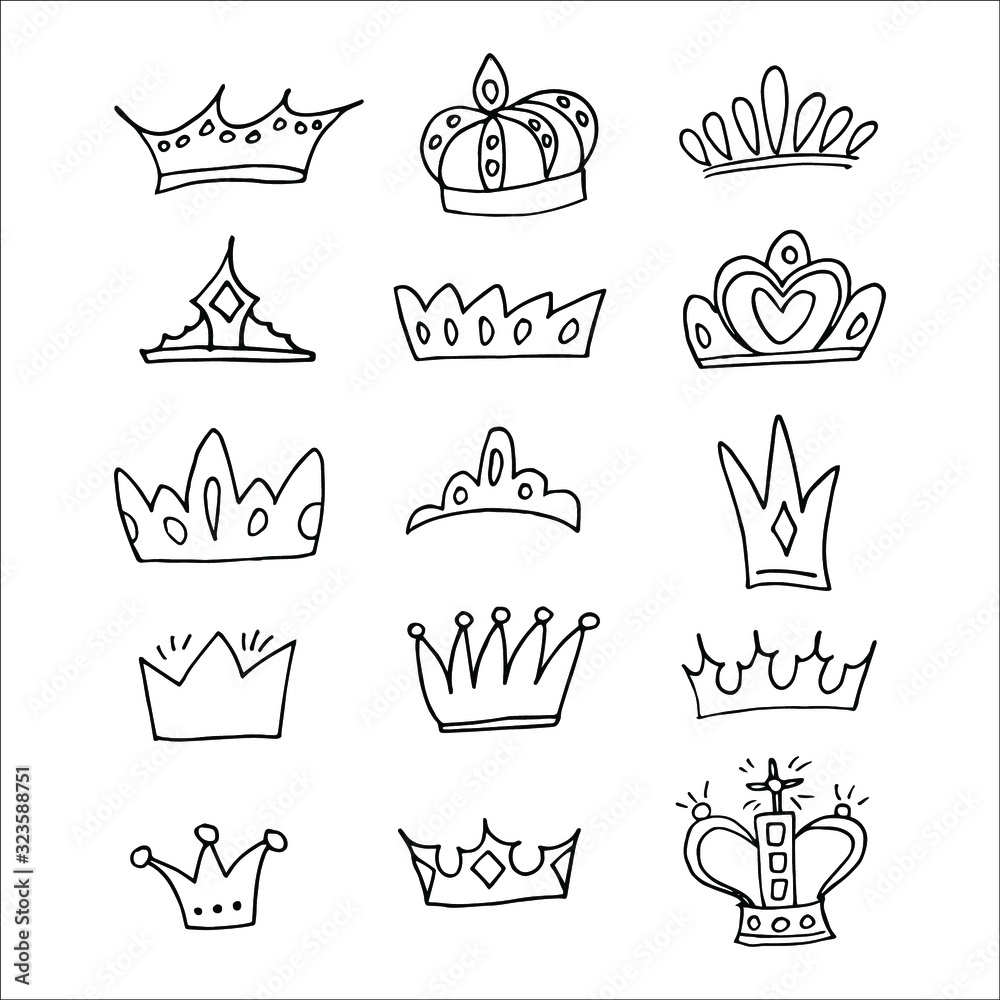 set of crowns. Super cute set of crowns isolated on white. Cartoon vector icons set. symbol of the power. king, queen, princess top set of crowns. Super cute set of crowns isolated on white. Cartoon vector icons set. symbol of the power. king, queen, princess top
