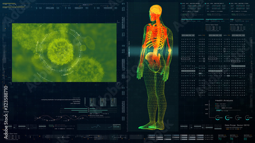 Futuristic head up display motion element virtual biomedical holographic human body scan neurological examination, axial skeleton, vertebral column, DNA and heart diagnostic for background display photo