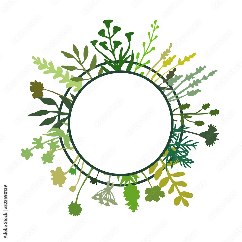 Herbs and flowers arrangement great to place any text, quote or logo. Floral frame made of hand drawn greenery. Round border design great for spring or summer theme. Vector Herbs and flowers arrangement great to place any text, quote or logo. Floral frame made of hand drawn greenery. Round border design great for spring or summer theme. Vector