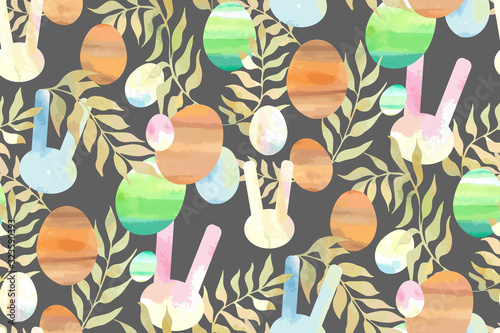 Soft watercolor print - seamless background. Endless pattern with pink blue yellow rabbits and striped eggs on gray. Vector Stylish illustration for Easter, children - babies and spring design. 