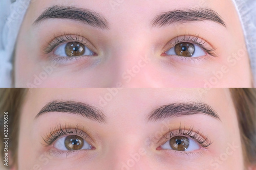 Woman's lashes after and before beauty procedure of eyelash lifting and laminating in beauty clinic, eyes closeup. Young woman in cosmetology clinic with open eyes. Lift of lash and eyelash. photo