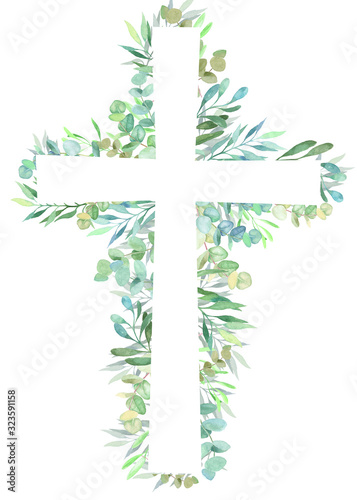  Watercolor easter cross with floral decoration.