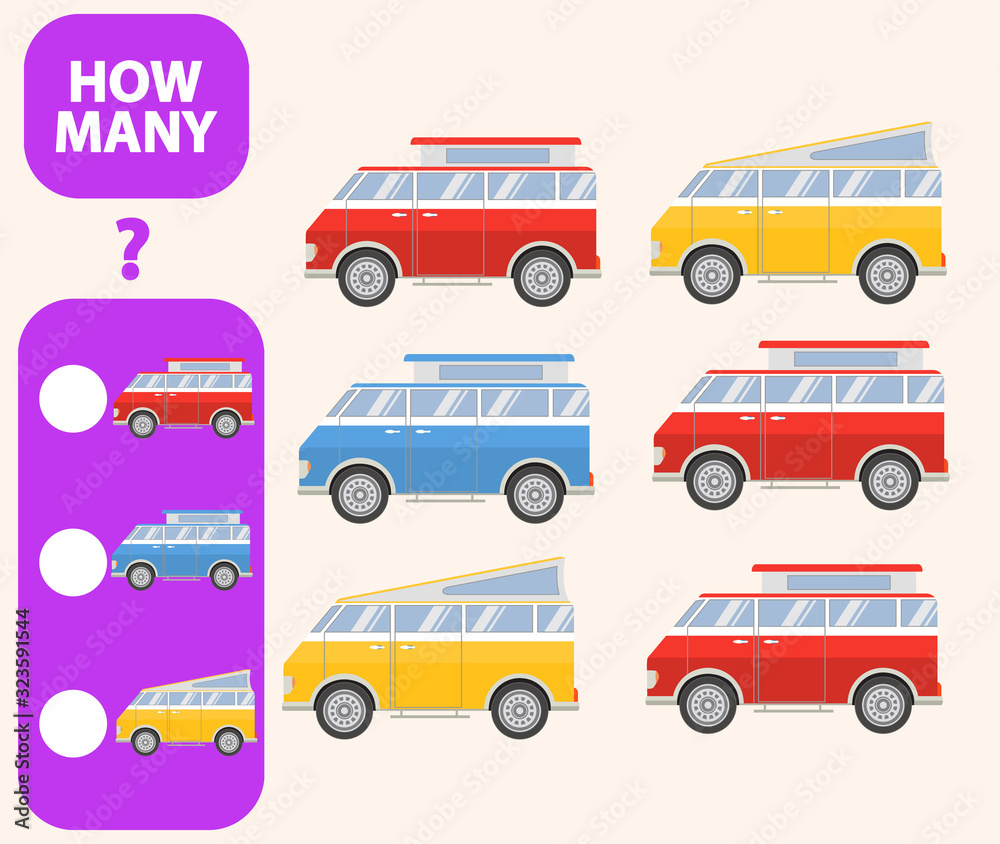 Count how many cars educational game. Math task development of logical thinking of children. Flat illustration trip camp van cartoon character vector.