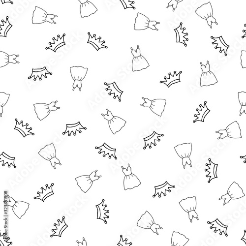 Seamless pattern with hand drawn crown and dress. Decorative doodle element for fabric and wrapping paper. Set beauty makeup for cute girls. Vector illustration isolated on a white background.