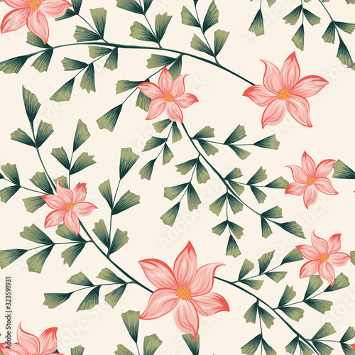 Lotus flowers green leaves seamless background