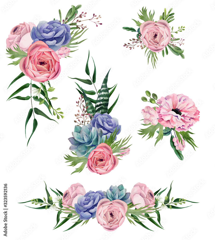 Watercolor floral arrangement, hand drawn vector image