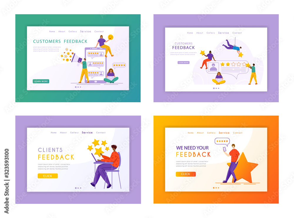 Client feedback landing page set - tiny people and giant rating stars, gadgets, web banner with copy space, customers review and feedback, online service evaluation. flat cartoon caracters, Vector