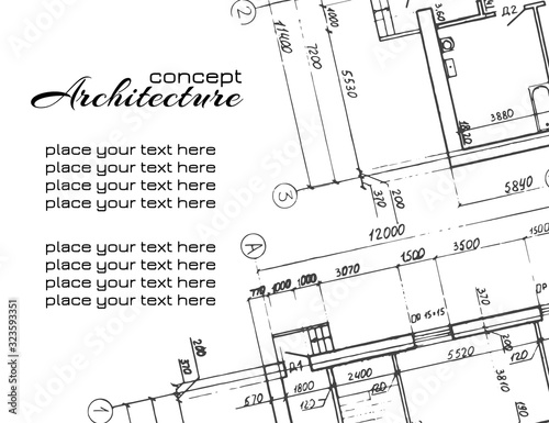 	 Architectural drawings black ink on white background. Architecture abstract concept. Hand drawn background for design. Detailed plan. Graphic design elements. Vector Illustration