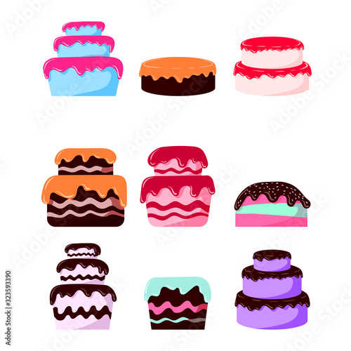 Set of beautiful, sweet, juicy and tasty cakes. Chocolate cakes, icing cakes, pastries. Illustration of cakes for bakeries, signage and banners. Vector illustration on a white background.