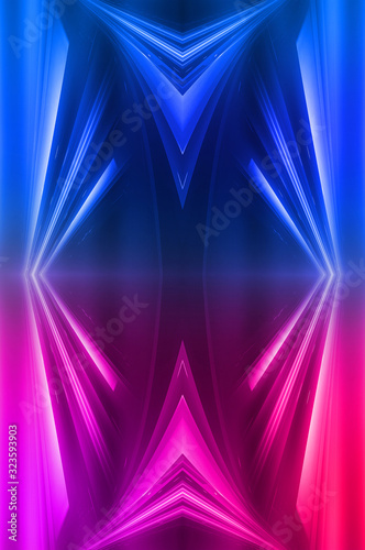 Abstract dark neon background with rays and lines. Blue and pink, purple neon light. Symmetrical reflection, mirroring. Modern futuristic geometric background.