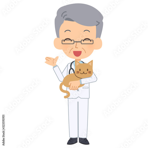 説明をする笑顔の獣医と猫