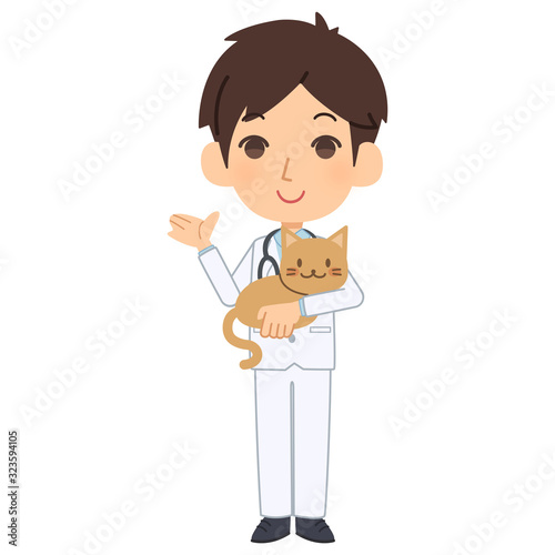 説明をする獣医と猫