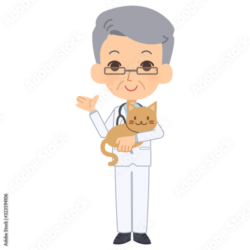 説明をする獣医と猫